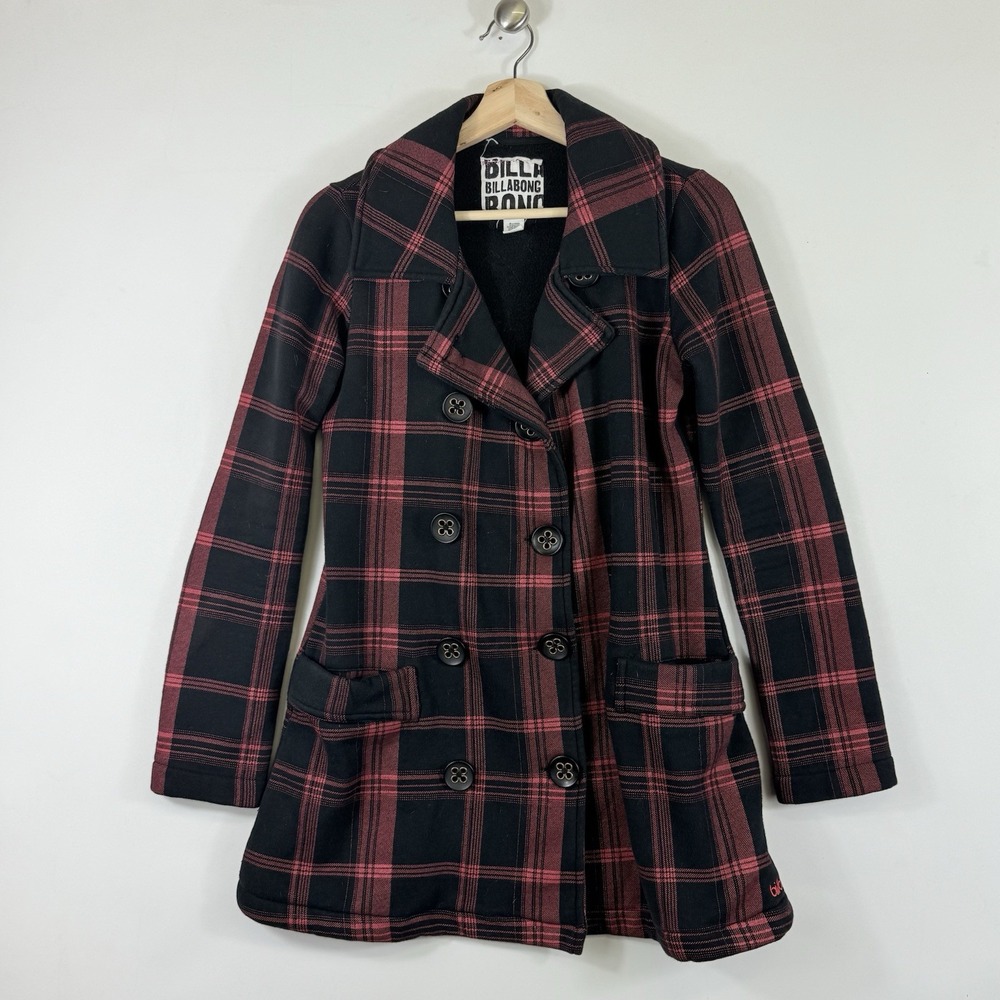 Billabong Pea Coat Women Small Red Black Plaid Academia Emo Preppy Punk Grunge